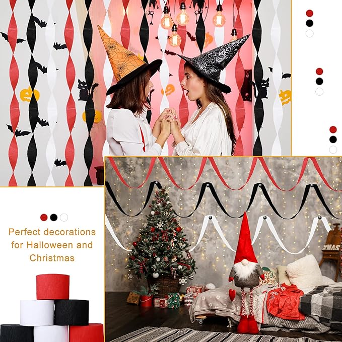 9 Rolls Crepe Paper Streamers Party Decorations 246 Yards in 3 Colors for Xmas Hanging Backdrops Party Decorations Christmas DIY Craft Supplies(Simple Style,Black, White, Red)