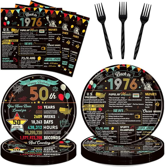 50th Birthday Plates and Napkins, 96PCS Vintage 50th Birthday Party Decorations Supplies for Women Men, Back in 1976 Cheers to 50 Years Disposable Tableware Set Serve 24