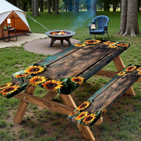 Picnic Table Cover with Bench Covers Wood Sunflower Flowers Wooden Floral Waterproof Windproof Fitted Outdoor Tablecloth with Elastic Rectangle Table Cloth Camping Accessories,60x30 Inch