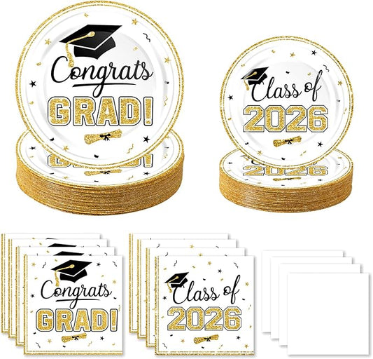 320Pcs Graduation Table Decorations Party Supplies - White Gold Graduation Plates and Napkins Class of 2026 Disposable Dinnerware Set for College High School Congrats Grad Party Favors, Serve 80