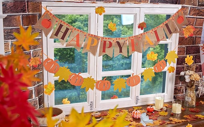 Pre-strung Happy Fall Burlap Banner, Fall Decorations with 100 Pcs Artificial Maple Leaves and Fall Banners for Inside for Autumn Thanksgiving Home Decorations