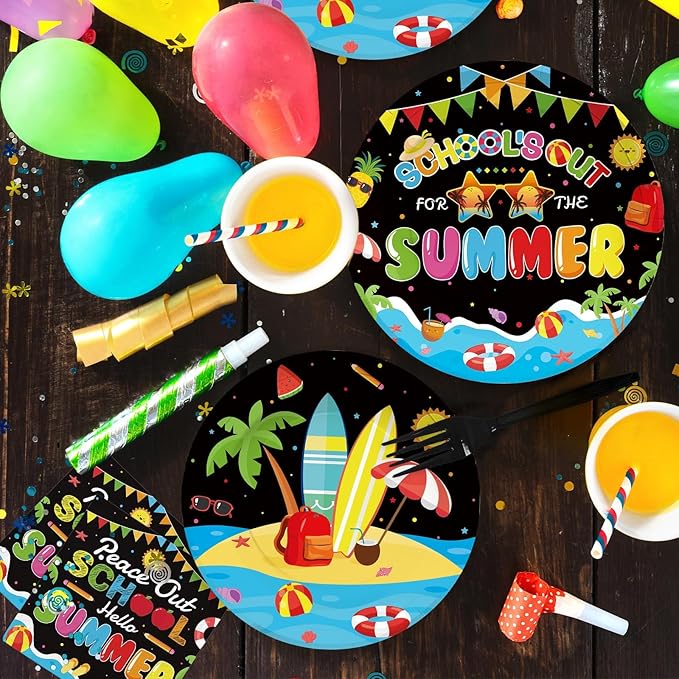 96 Pcs School's Out for The Summer Decorations Peace Out School Hello Summer Plates and Napkins End Of The School Year Tableware Set for Kids Class Of 2026 Preschool Graduation Party Supplies Serve 24