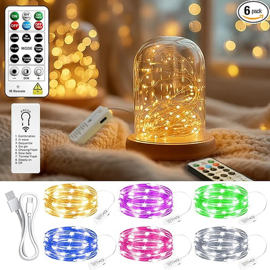 ZSJWL 6 Pack Rechargeable Fairy Lights with Remote & DIY Timer, 7Ft 20LED Mini Battery String Light, Twinkle Silver Copper Wire Lights for Wedding Party Bedroom Christmas Table Decoration (Multicolor)