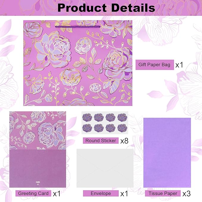 Oletx 13" Gold Pink Flower Gift Party Bags Happy Birthday Gift Bag with Tissue Paper Greeting Card for Women's Birthday Party,Wedding,Anniversaries,Mother's Day