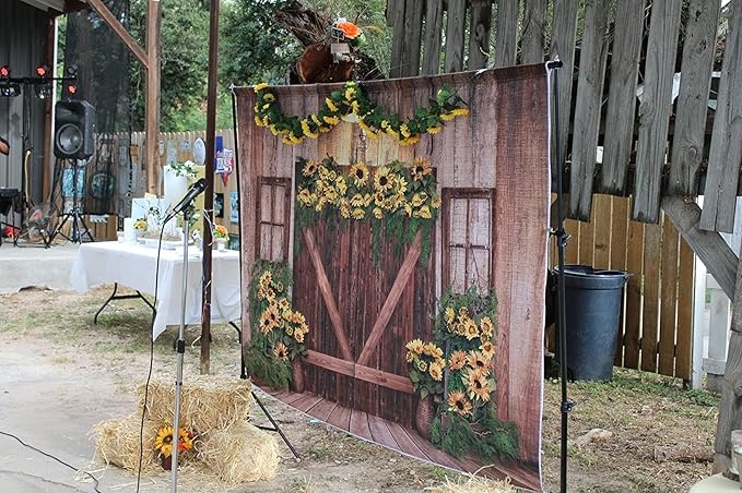 Kate Rustic Wooden Barn Door Backdrop 10x6.5ft Vintage Sunflower Garland Photography Background Country Style Shabby Chic Wall for Birthday Party Baby Shower Wedding Photo Booth Props