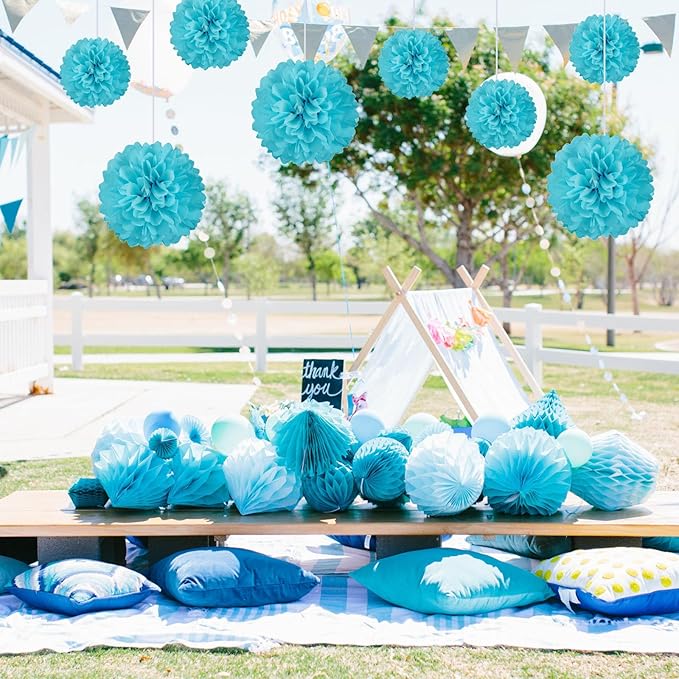 20 PCS Blue Tissue Paper Pom Poms, Tissue Pom Poms Flowers, Sizes of 6", 10", 12", 14" Hanging Paper Flower Ball for Wedding, Birthday, Halloween, Christmas, Baby Shower Party Decor