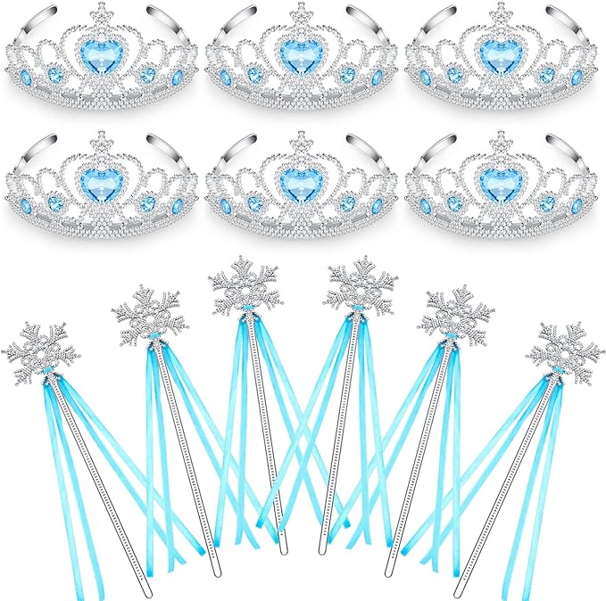 Chalyna 12 Pcs Princess Crowns Tiara Wand for Little Girl Silver Heart Jewel Plastic Tiara Winter Gift for Birthday(Blue,Snowflake Style)