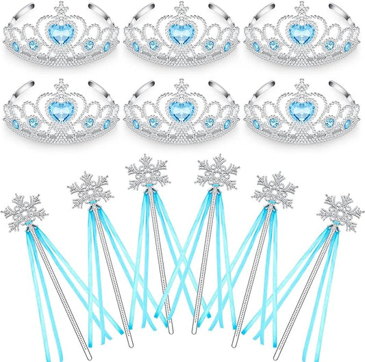 Chalyna 12 Pcs Princess Crowns Tiara Wand for Little Girl Silver Heart Jewel Plastic Tiara Winter Gift for Birthday(Blue,Snowflake Style)