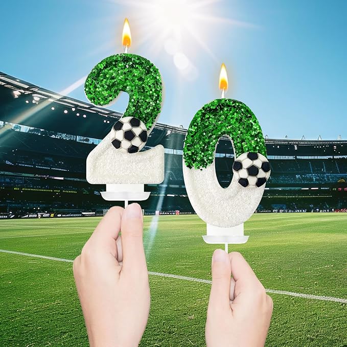 Birthday Candles，Soccer Birthday Decorations，Soccer Cake Topper,for Girl and boy Cake Toppers, Wedding Cakes, Anniversaries, Party Celebrations, Birthday Decorations (Green White, Number 2)