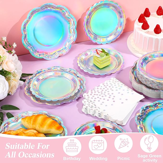 144 Pcs 48 Guests Iridescent Party Plates and Napkins Iridescent Disposable Rainbow Holographic Paper Plates and Napkins for Mermaid Bridal Shower Wedding Birthday Decorations Party Supplies
