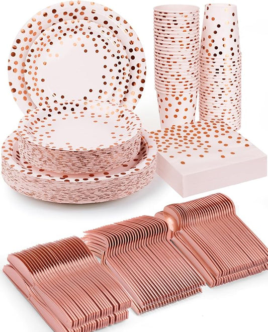 350 Pieces Party Supplies, Pink and Rose Gold Dots Party Plates Cups and Napkins Sets with Plastic Knives forks spoons, Disposable Tableware Serves 50 Sets for Wedding, Birthday, Graduation, Festivals