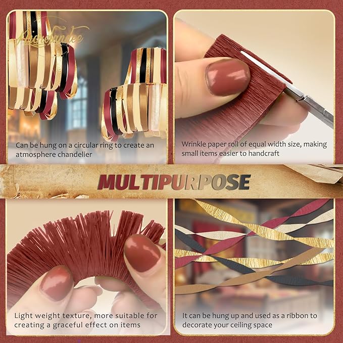 NICROLANDEE 5 Rolls Burgundy Gold Black Crepe Paper Streamers for Magical Wizard School Party Decorations, Casino Theme Party Decorations for Graduation, Retirement, New Year, Milestone Birthday