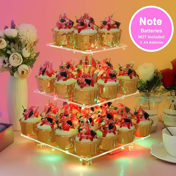 YestBuy 3 Tier Cupcake Stand - Premium Cupcake Holder - Acrylic Cupcake Tower Display - Acrylic Display for Pastry + LED Light String - Ideal for Weddings, Birthday Parties(Multicolored)