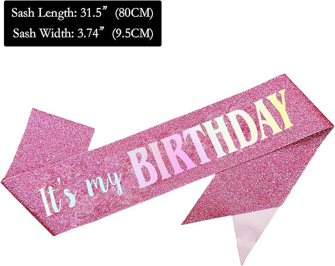 It's My Birthday Sash, Dazzle Foil Letter Glitter Pink Birthday Sash for Women Girl Kids Teenager Funny Bday Gifts Party Favors Photo Prop
