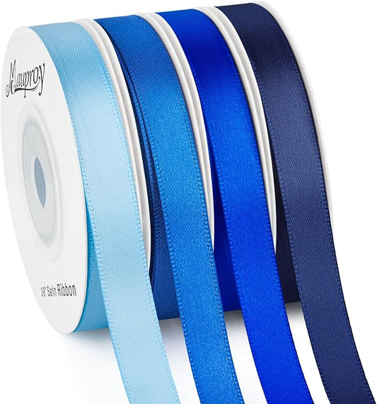 Mauproy 3/8 Inch Blue Satin Ribbon, 4 Rolls Total 40 Yards, Double Faced Mixed Blue Thin Ribbon for Gift Wrapping, Flower Bouquets, Crafts, Wedding, Father's Day Decorations