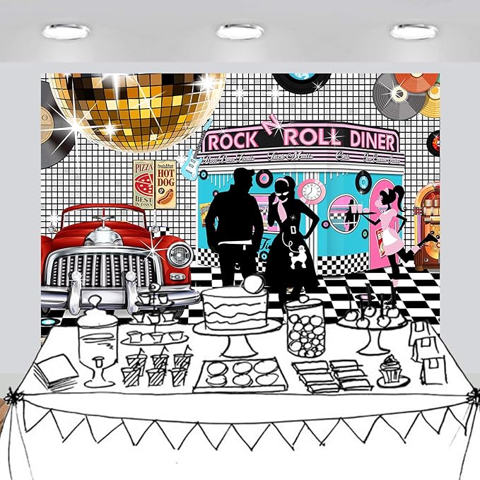50s Diner Backdrop Large Banner Decoration Dessert Table Background Photobooth Prop Non-washable 7x5feet