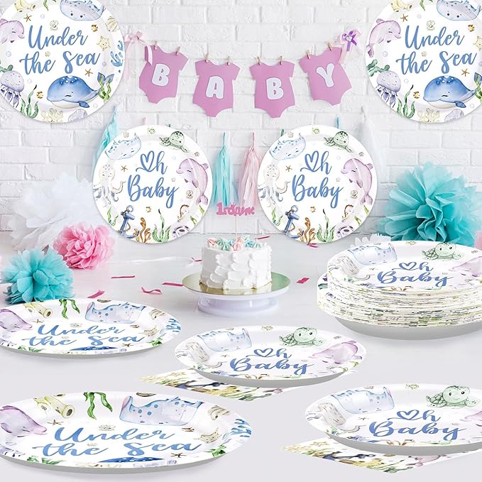 96Pcs Under The Sea Supplies Ocean Theme Party Plates and Napkins Disposable Sea Life Tableware Set Under The Sea Party Decoration for Underwater World Birthday Party Serve 24