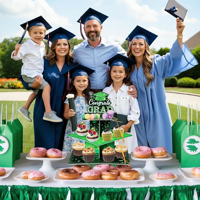 Haooryx Graduation Cupcake Stand Decoration - 3-Tier Black Green Graduate Cap Cupcake Tower with Tassel Cardboard Dessert Holder Kindergarten Primary High School College Graduation Party Table Decor