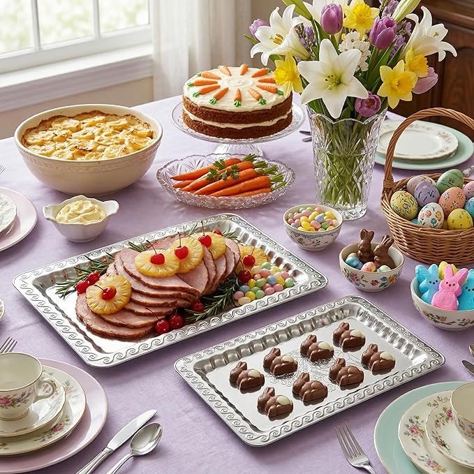 4-Pack Small Silver Serving Trays Set - ZENOVLUX Swirl Floral Engraved Mirror Decorative Tray, 11.4" x 7" Wedding Party Platters for BBQ, Food, Appetizer, Charcuterie, Cookies, Desserts