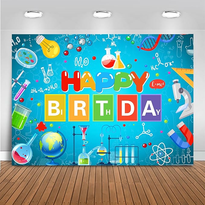 Mocsicka Science Theme Birthday Backdrop Chemical Laboratory Mad Sciencist Happy Birthday Party Decorations Banner for Boys Chemical Science Photography Background (Cyan, 10x8ft(120"x96"))