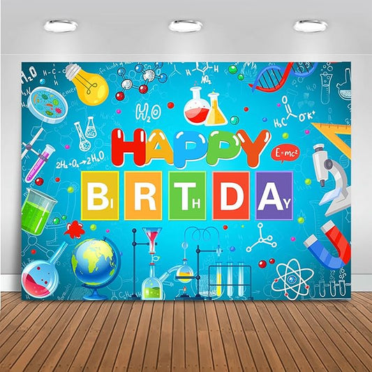 Mocsicka Science Theme Birthday Backdrop Chemical Laboratory Mad Sciencist Happy Birthday Party Decorations Banner for Boys Chemical Science Photography Background (Cyan, 10x7ft(120"x82"))