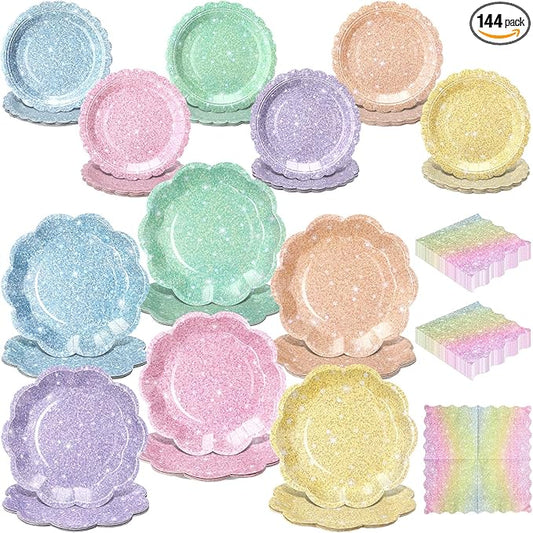 144 Pcs 48 Guests Pastel Glitter Party Plates and Napkins Pastel Scalloped Paper Plates Napkins Glitter Disposable Tableware for Birthday Bridal Baby Shower Wedding Decorations Party Supplies