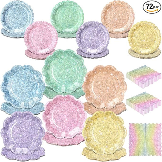 72 Pcs 24 Guests Pastel Glitter Party Plates and Napkins Pastel Scalloped Paper Plates Napkins Glitter Disposable Tableware for Birthday Bridal Baby Shower Wedding Decorations Party Supplies