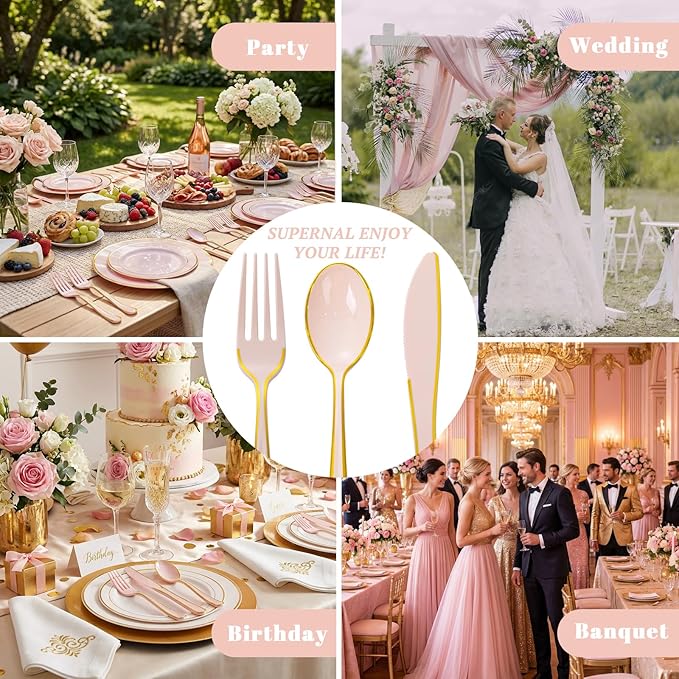 Supernal 120 PCS Pink Plastic Silverware Heavy Duty - Disposable Pink Utensils with Gold Silverware Set Include 40 Forks, 40 Knives and 40 Spoons for Valentines Day/Birthday Party/Wedding