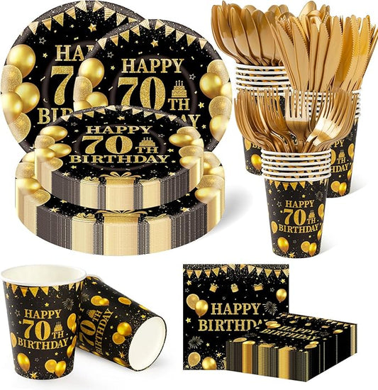 350PCS 70th Birthday Party Decorations for 50 Guests Black and Gold Party Supplies Include Disposable Paper Plates, Napkins, Cups, and Tableware
