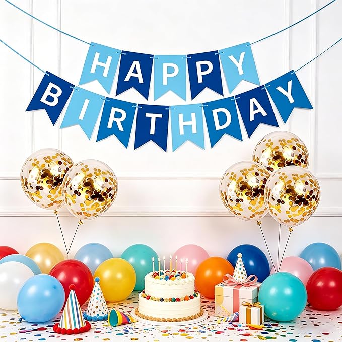 Happy Birthday Banner Sign Bunting Hanging Decorations with Shiny Gold Balloons Birthday Party Sign Decor for Party Supplies(Blue+White)