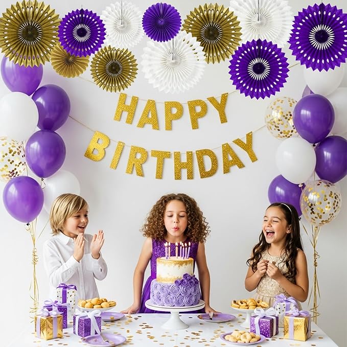 BEISHIDA Purple Gold White Tissue Hanging Honeycomb Round Paper Fans Decoration Set for Birthday Graduation Bridal Shower Bachelorette Wedding Engagement Backdrops Halloween Party Supplies(11 Packs)