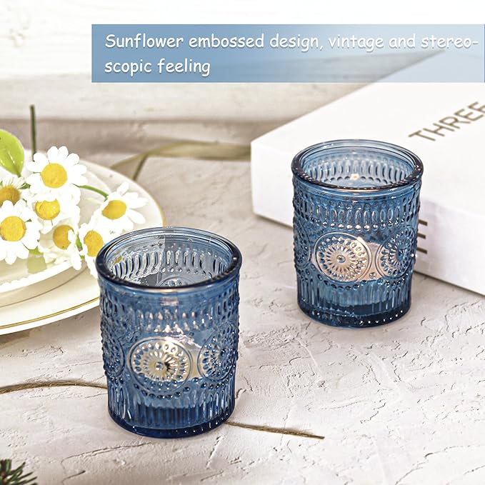 12 Pcs Blue Glass Votive Candle Holders, Tealight Candle Holders for Table Centerpieces, Vintage Candle Holder Bulk, Boho Wedding, Home, Bridal Shower, Birthday Party Table Decor (Blue)
