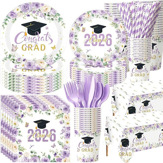 Funnymoom 452 Pcs Purple Floral Graduation Decoration Girl for 50 Guests, Class of 2026 Floral Graduation Paper Plates Napkins Cups Tablecloth Cutlery Straws for 2026 Congrats Grad Party Supplies