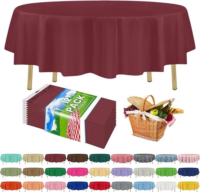ZIMPLEWARE Premium Burgundy Plastic Table Cloth Disposable (12 Pack) Round Tablecloth (84in) Party Table Cloths Disposable, Perfect Table Cloth Round Cover for Any Table Up to 6 Feet