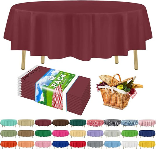 ZIMPLEWARE Premium Burgundy Plastic Table Cloth Disposable (12 Pack) Round Tablecloth (84in) Party Table Cloths Disposable, Perfect Table Cloth Round Cover for Any Table Up to 6 Feet