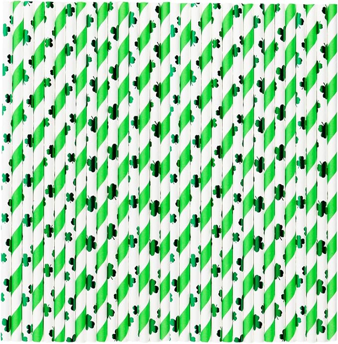 100 Pcs Biodegradable Shamrock Straws - 2 Green Design Mix Paper Drinking Straws for St. Patrick's Day, Spring Party Supplies & Holiday Tableware