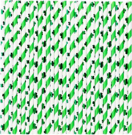 100 Pcs Biodegradable Shamrock Straws - 2 Green Design Mix Paper Drinking Straws for St. Patrick's Day, Spring Party Supplies & Holiday Tableware