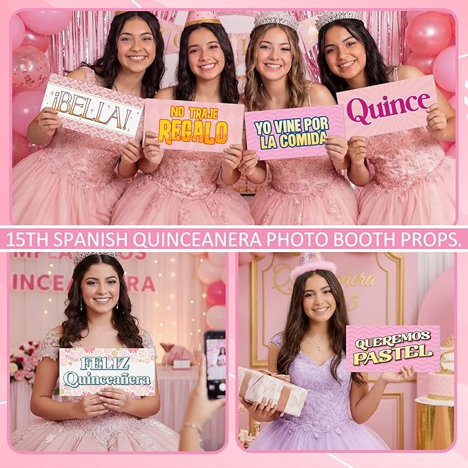 Beeveer 24 Designs Spanish Quinceanera Photo Booth Props Sweet 15th Birthday Parties Decorations Double Sided 11.02 x 5.51'' DIY Waterproof Selfie Signs PVC Printing Photo Props
