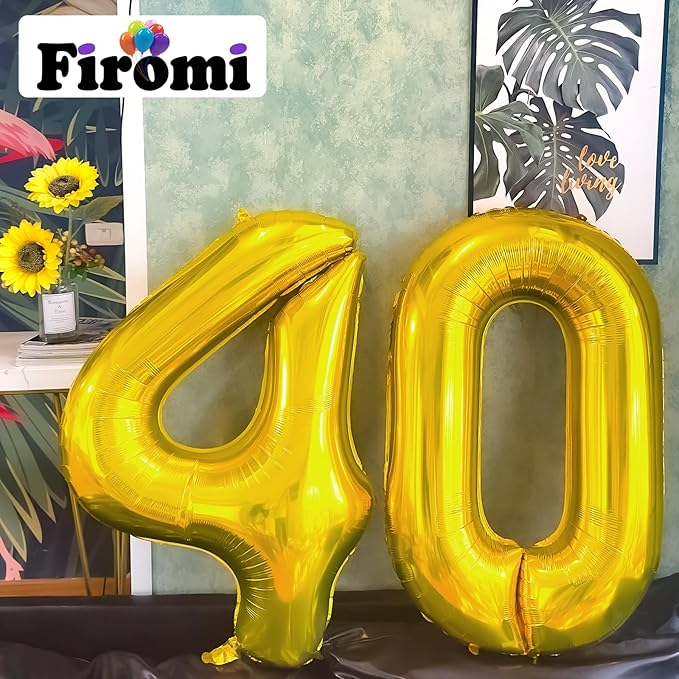 FIROMI 40 Number Balloons Gold Big Giant Jumbo Huge Foil Mylar 40 Balloon Numbers for 40th Birthday Party Anniversary Events Decorations 40-inches
