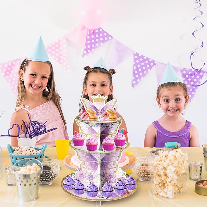 Haooryx Purple Butterfly Cupcake Stand Decoration - 3-Tier Butterfly Floral Crown Cupcake Tower Cardboard Candy Dessert Holder for Spring Butterfly Party Supplies Girl Women Birthday Party Table Decor