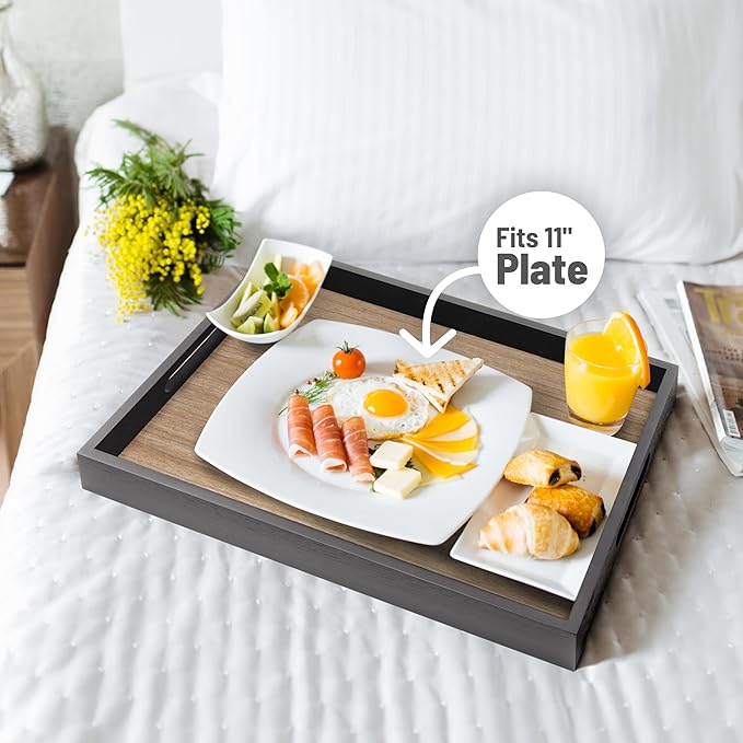 ATZYmolin Wood Serving Tray with Handles, Home Decorative Wooden Rectangle Ottoman Decor Platter Vanity Tray for Breakfast Dinner Drinks Kitchen Dining Living Bathroom Restaurants Black Wooden