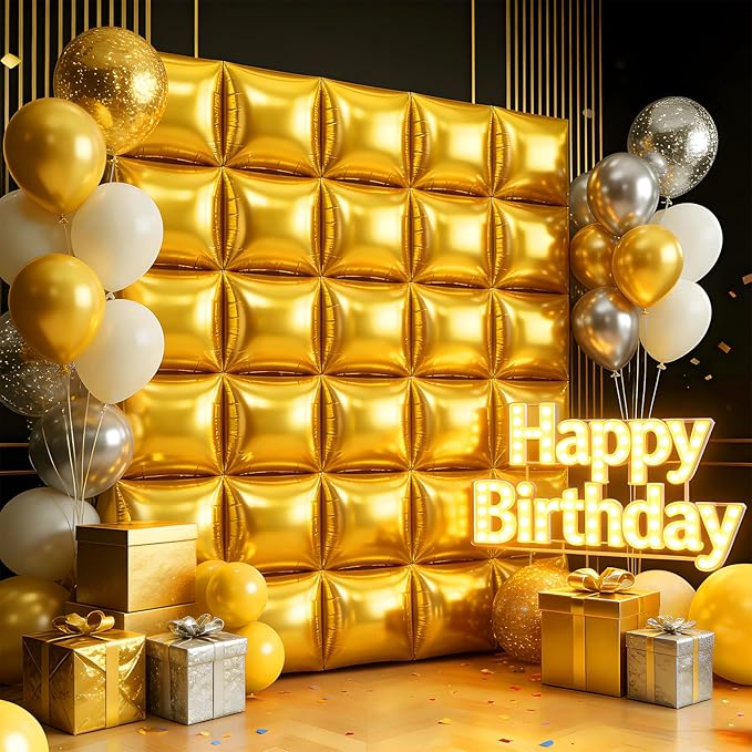 36Pcs Gold Square Foil Balloons Wall Backdrop, Double Sided Metallic Foil Balloons Tunnel Arch Garland Kit for Photo Booth Birthday Wedding Halloween Christmas Party Decorations