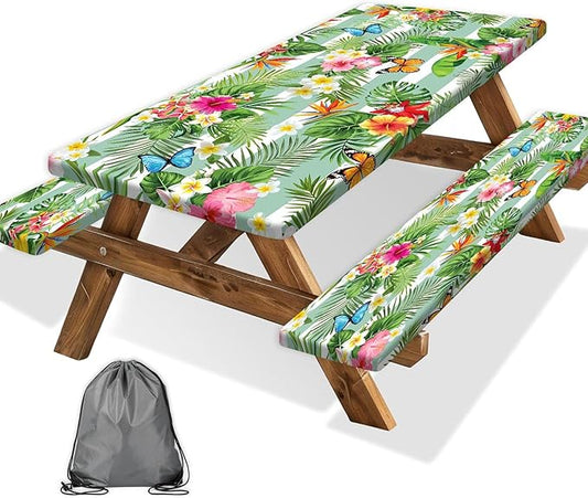 Picnic Table Cover with Bench Covers, Camping Essentials Hawaiian Luau Tropical Palm Leaves Flower Butterfly Waterproof Windproof Fitted Tablecloth Cover with Elastic Edge for Outdoor 3 PCS 30x60 Inch