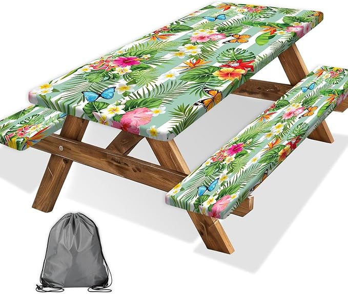 Picnic Table Cover with Bench Covers, Camping Essentials Hawaiian Luau Tropical Palm Leaves Flower Butterfly Waterproof Windproof Fitted Tablecloth Cover with Elastic Edge for Outdoor 3 PCS 30x96 Inch