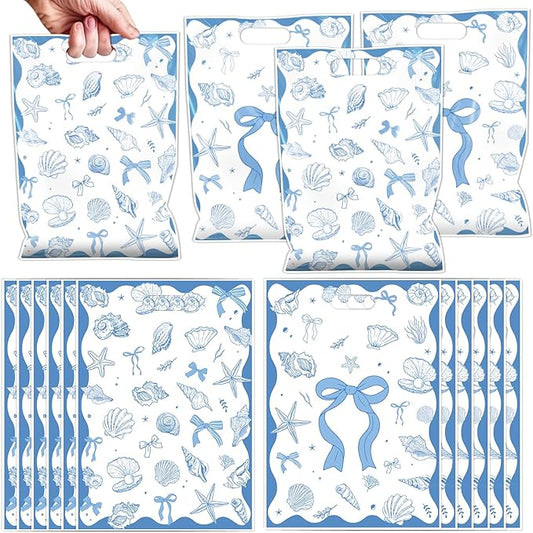 Falueqg Seashell Birthday Party Favors - 50 Pcs Ocean Seashell Beach Goodie Candy Gift Bags Ocean Shell Blue Bow Party Supplies for Summer Wedding Birthday Baby Shower Decorations