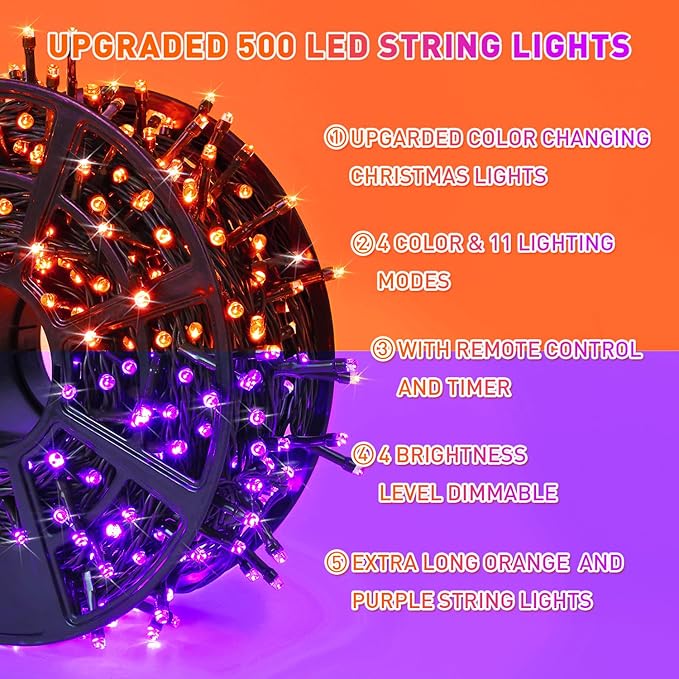JMEXSUSS 500 LED Halloween Lights Outdoor Orange and Purple, 173ft Color Changing Halloween String Lights with Remote, Waterproof Christmas Tree Lights Plug in for Yard Tree Indoor Decor
