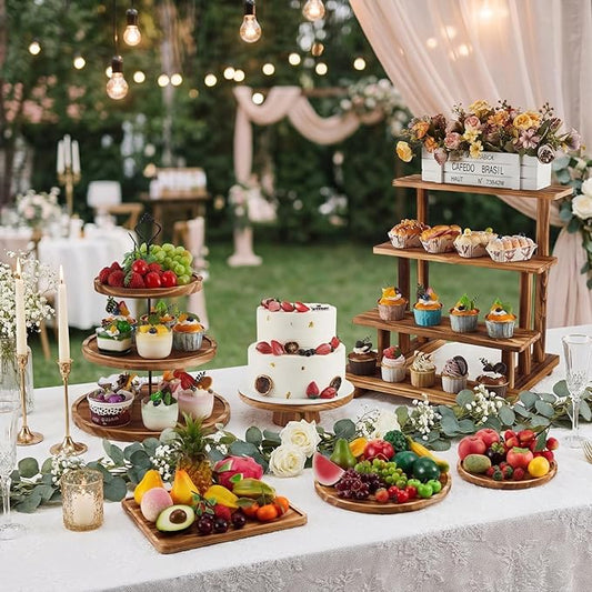 Roowest Wood Cake Stands Set of 6 Wood Dessert Tower Dessert Trays Desert Stands Cupcake Stand Rustic 3 Tier Farmhouse Cupcake Serving Stands with Dessert Trays for Tea Party(Brown)