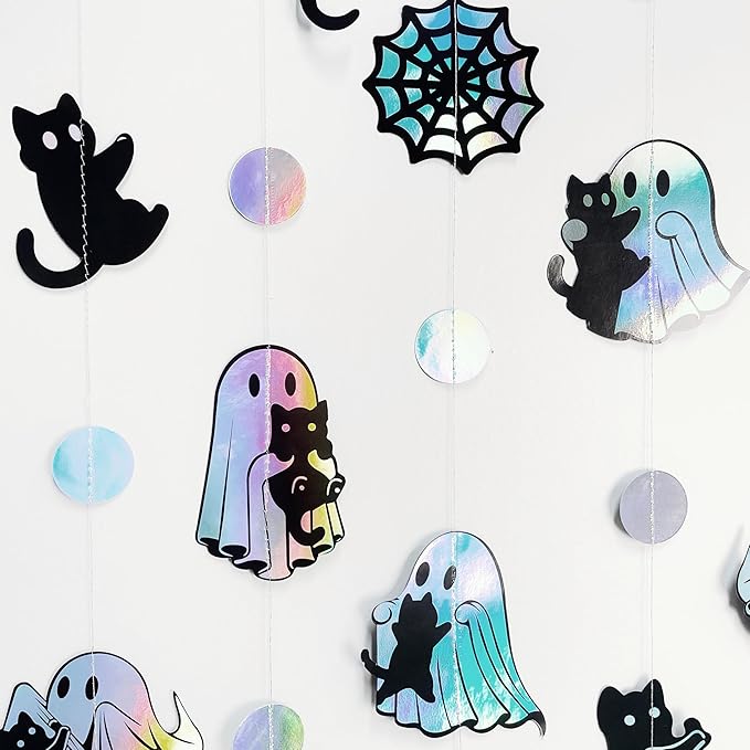 Iridescent Black Halloween Decorations Holographic Ghost Black Cat Spider Web Polka Dot Paper Hanging Garland Streamer Banner for Halloween Birthday Baby Shower Bachelorette Wedding Party Supplies