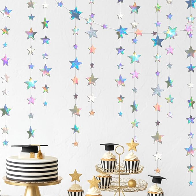 Cheerland 156ft Iridescent Star Garlands Space Party Decorations Hanging Stars Decoration Holographic Streamer Banner Backdrop Graduation Disco Galaxy Moon Euphoria Birthday Party Garland Star Decor