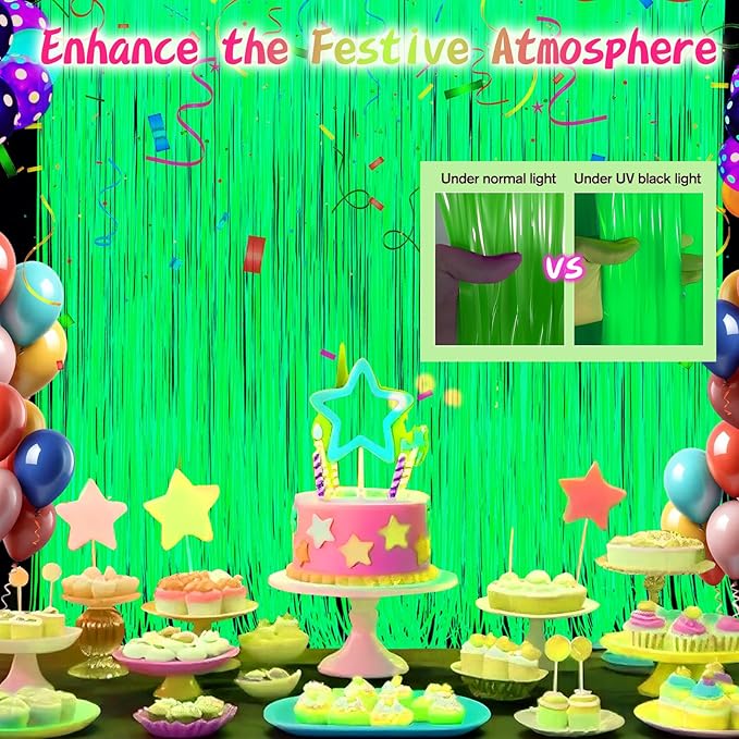 Glow in The Dark Party Supplies 2 Pack Neon Party Decorations Fluorescent Tinsel Foil Fringe Curtains Photo Booth Prop Backdrop Streamer Blacklight Decorations (Neon Green)
